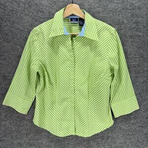 DCC Shirt Women PL Petite Greeb Plaid Button Up Collared 3/4 Sleeve Stretch